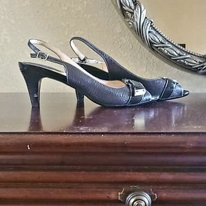 Cole Haan slingback open toe heels with buckle.